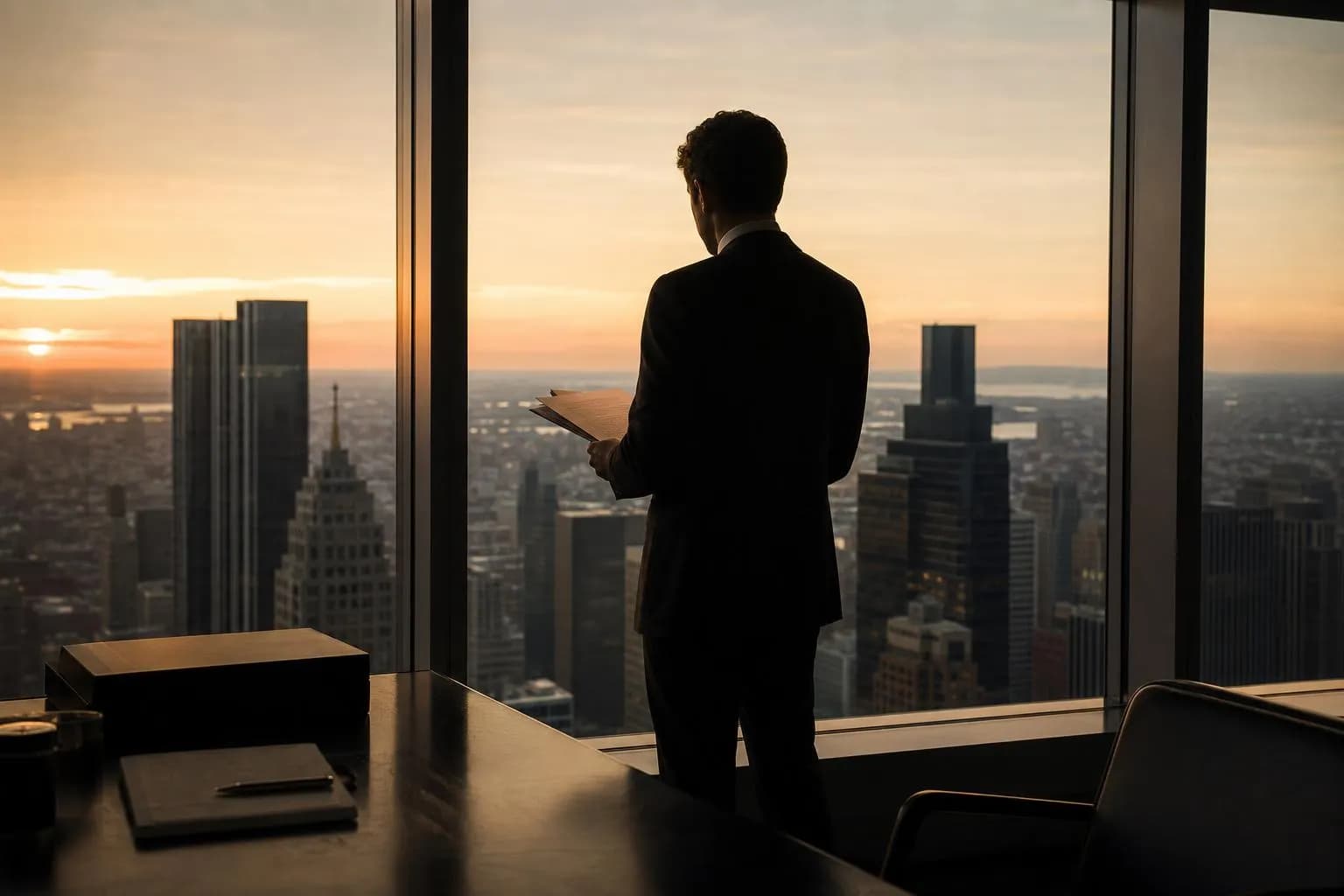 Silhouetted figure holding financial documents at a window, city skyline at dusk