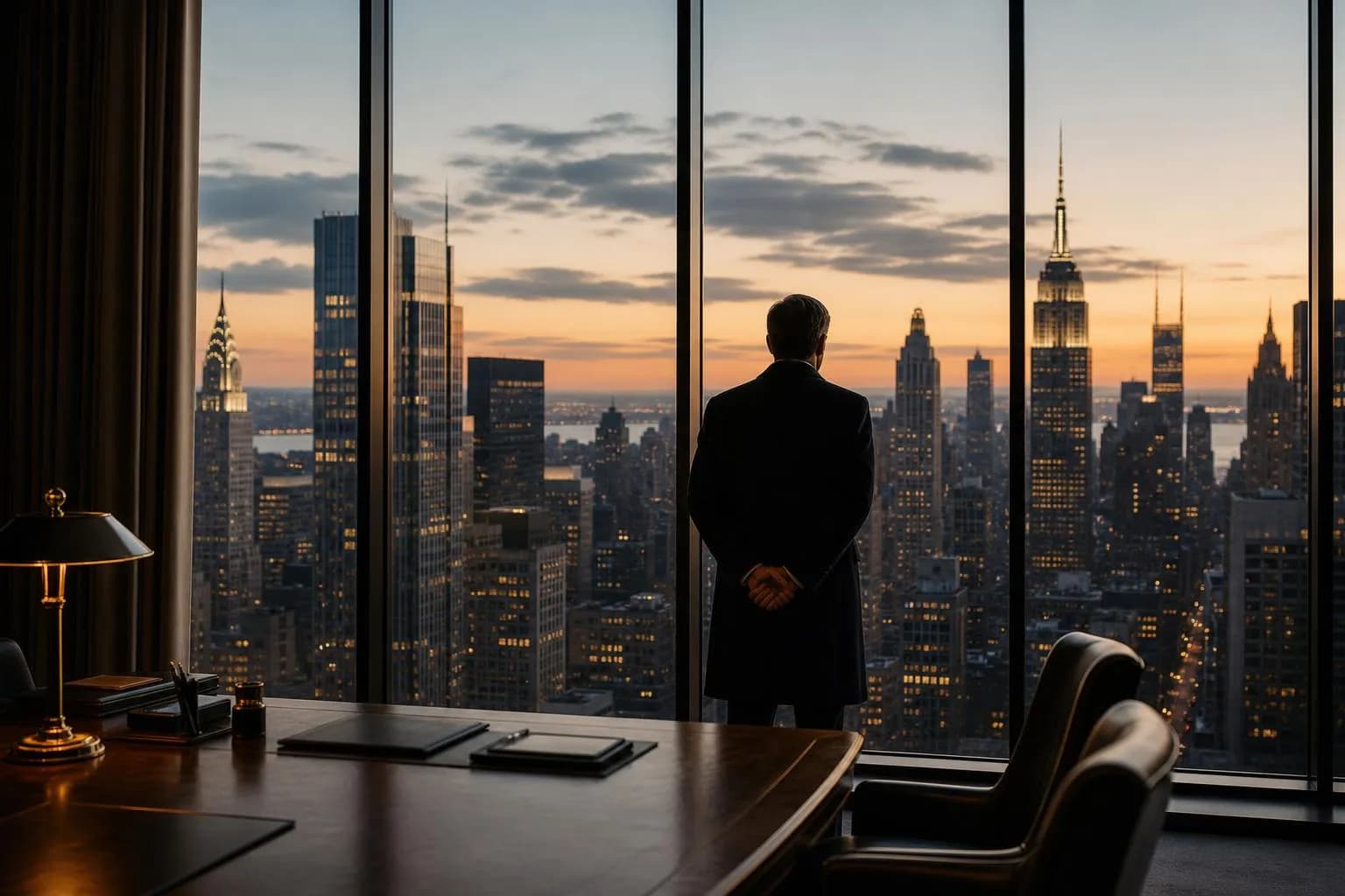 A lone figure in silhouette gazing out at Manhattan skyline from a high-rise window at dusk.