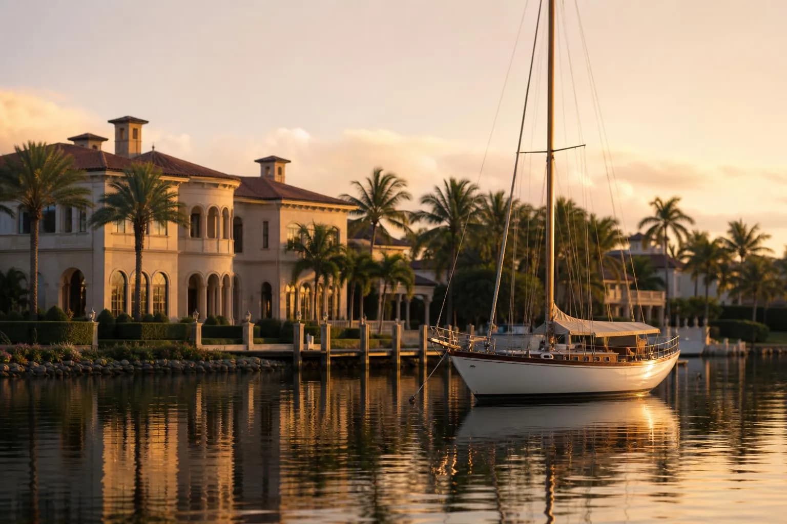 West Palm Beach waterfront with yacht and elegant estates at golden hour