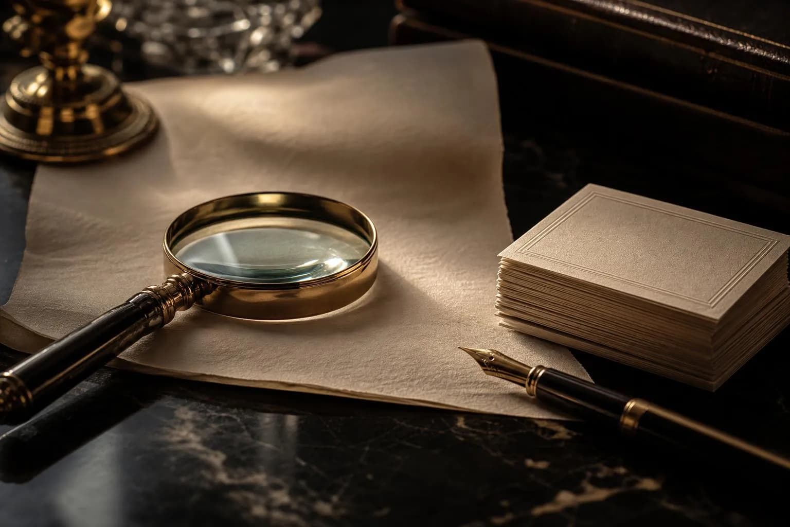 Still life of magnifying glass, documents, fountain pen, and business cards on dark surface