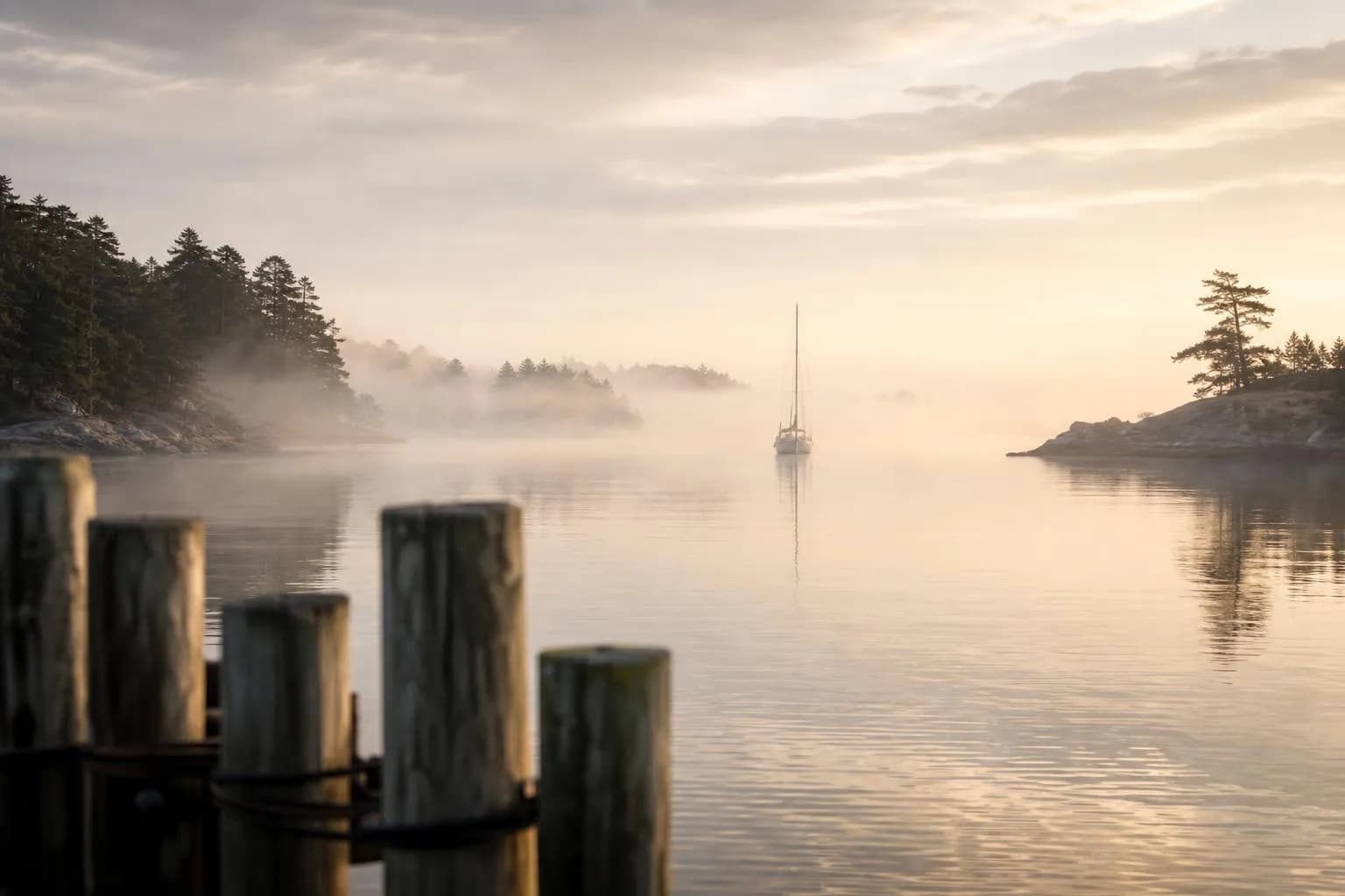 Serene misty inlet at dawn with a distant sailboat and weathered dock pilings