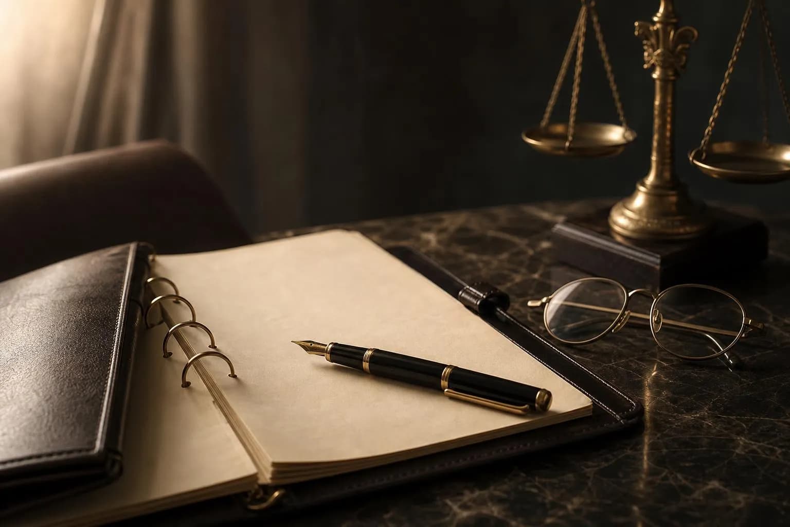 Still life: leather portfolio, fountain pen, reading glasses, and brass scale on marble surface, soft natural light