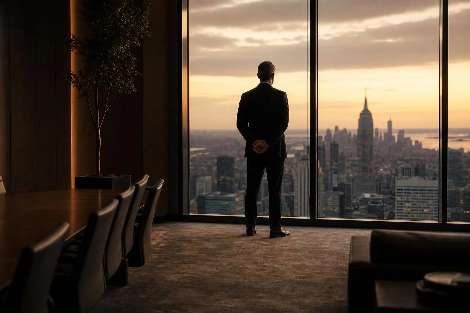 A solitary figure stands silhouetted at a large window overlooking a city at dusk, hands clasped thoughtfully behind their back.