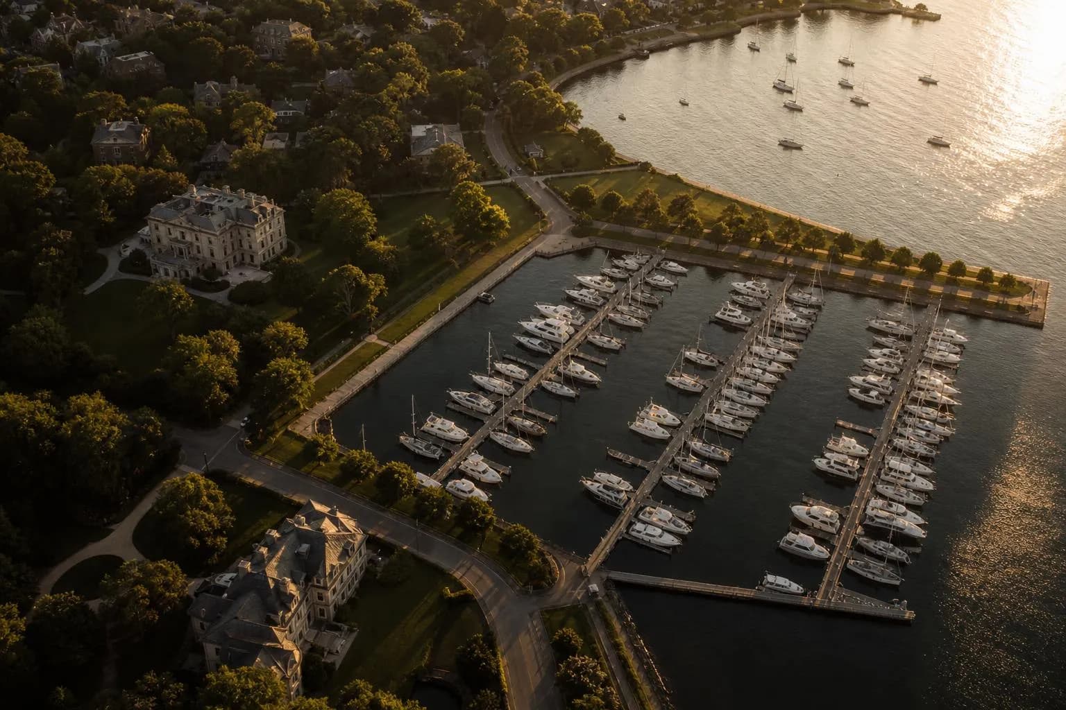 Aerial view of an elegant marina with moored yachts and tree-lined waterfront at golden hour.