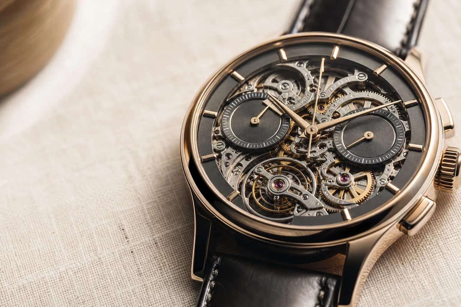Close-up of a luxury mechanical watch on linen, showing intricate dial detail and craftsmanship.