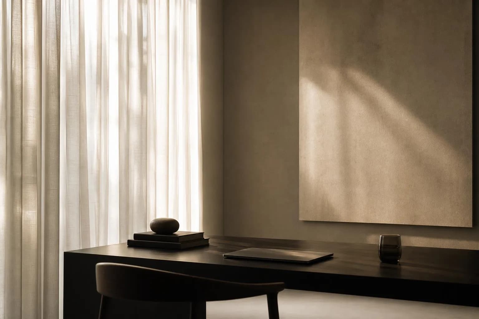 Diffused sunlight through sheer curtains illuminating a minimalist, nearly empty workspace.