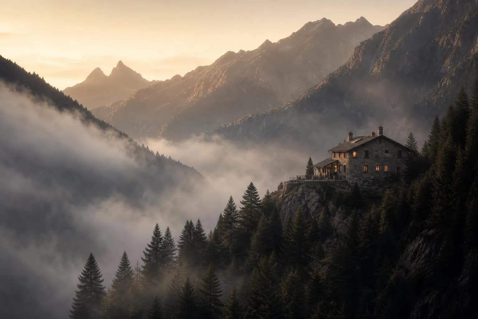Misty alpine valley at dawn with a solitary lodge glowing warmly among fog-shrouded peaks
