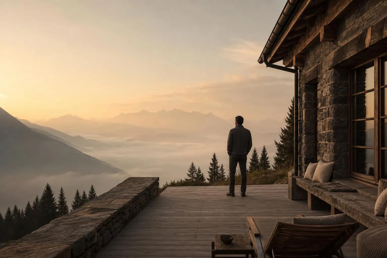 Solitary figure on alpine lodge terrace overlooking misty valleys at dusk