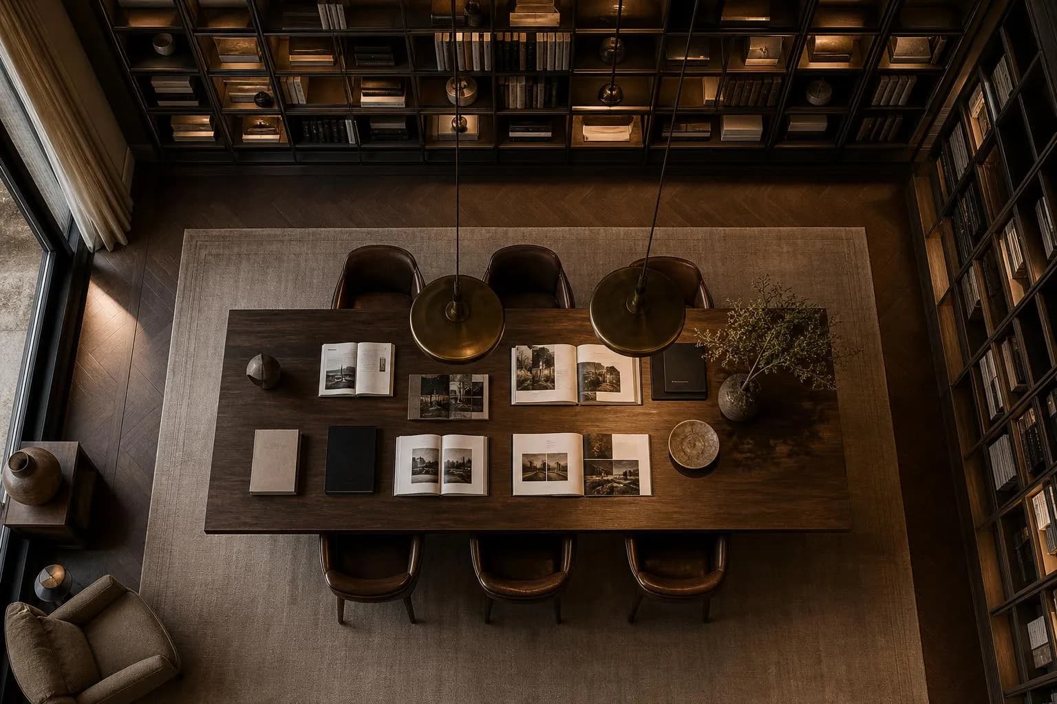 Overhead view of an elegant library table with curated magazines and reading materials in soft light.
