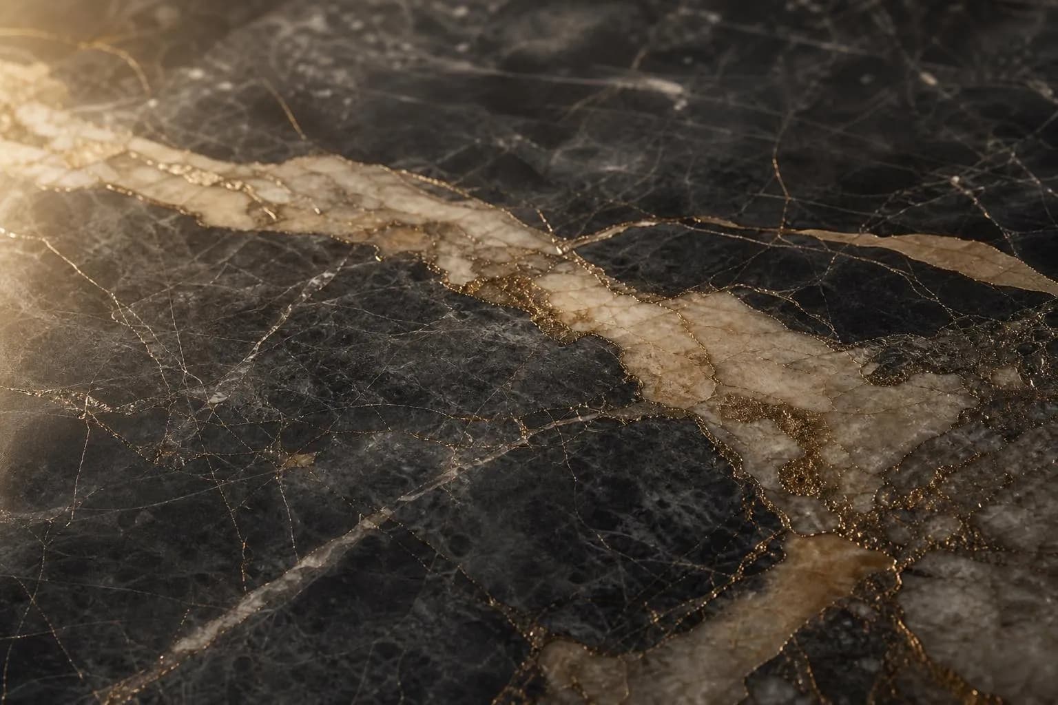 Close-up of polished marble veining with raking light revealing subtle depth and complexity.