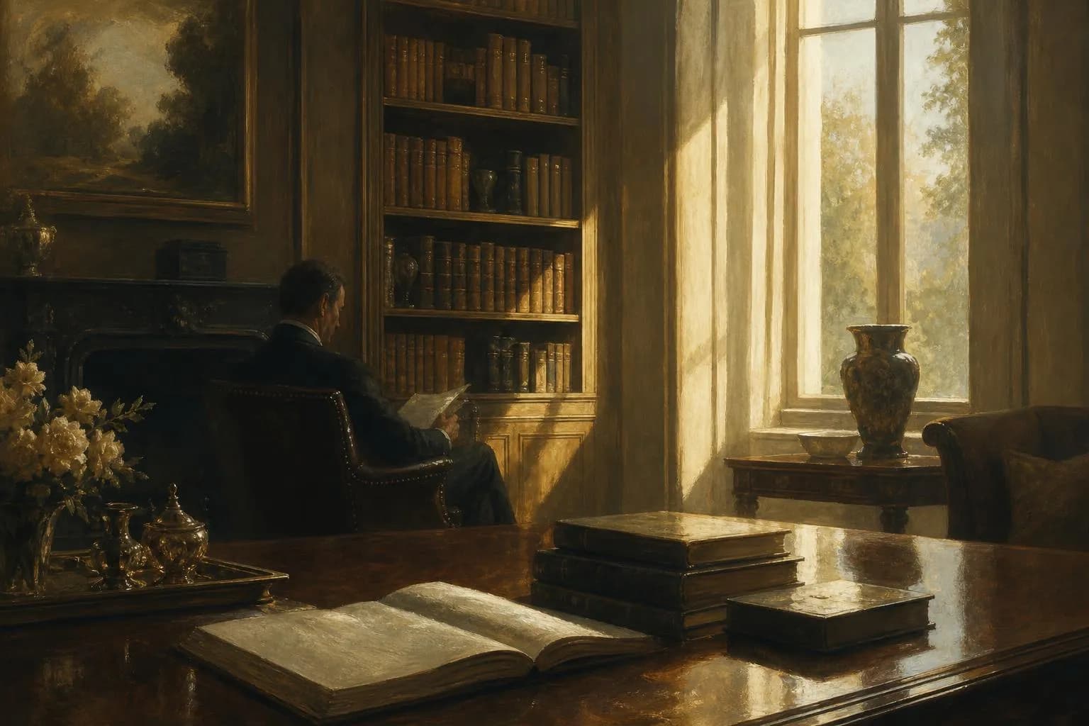 Impressionistic painting of a refined interior in soft light, suggesting access and selective knowledge.