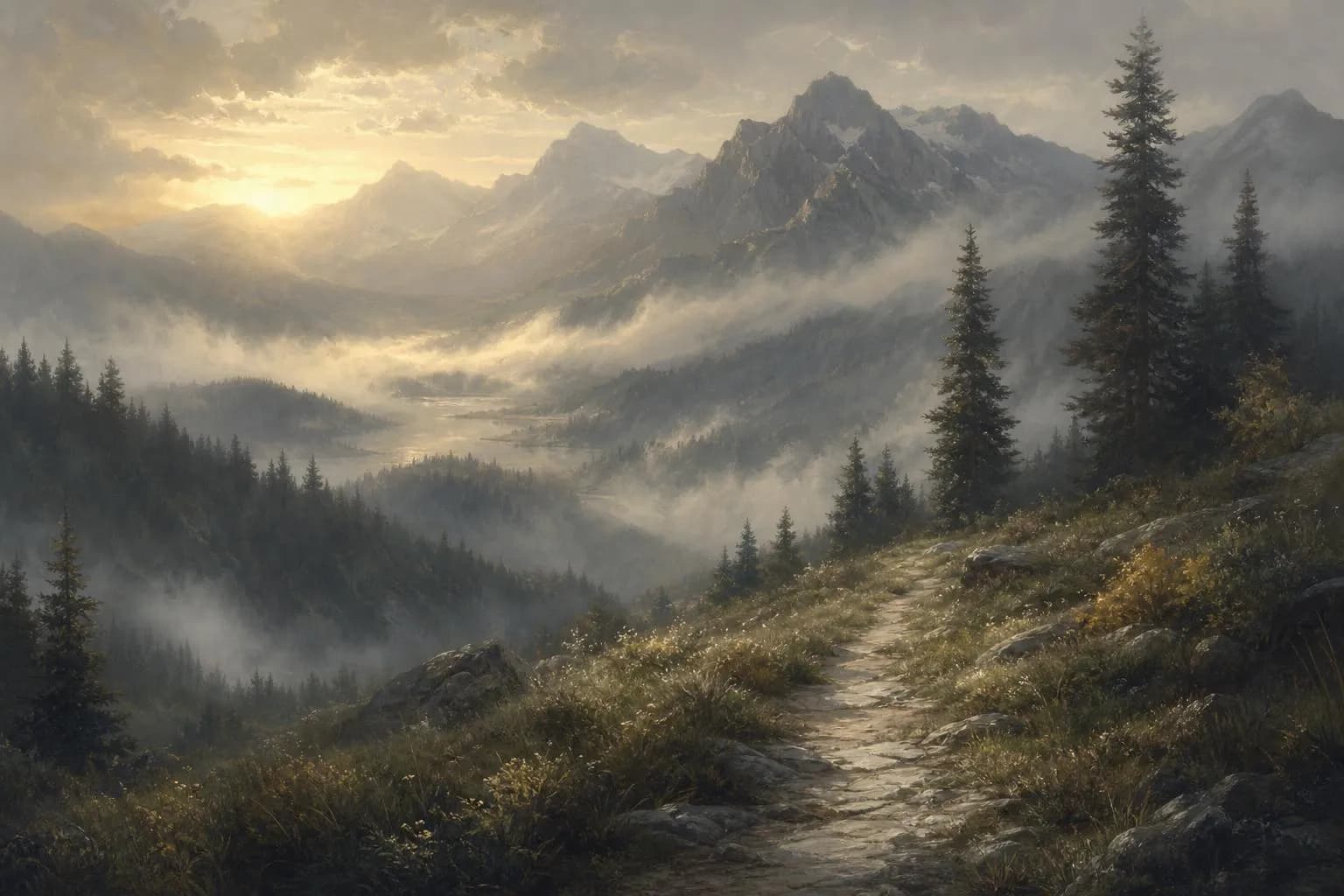 Misty mountain valley at dawn with forested slopes and winding trail in soft greens and grays.