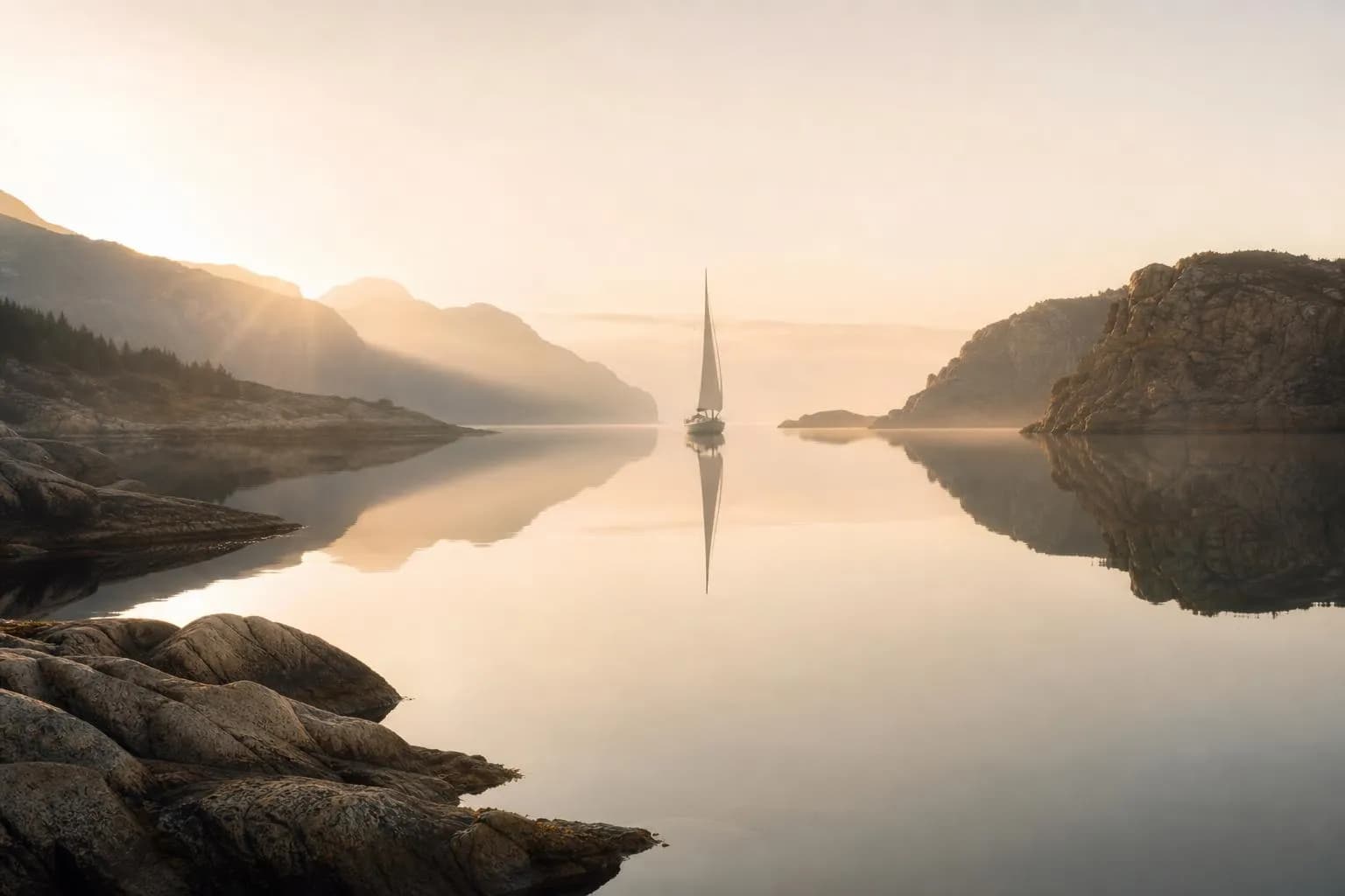 Misty coastal inlet at dawn with a single sailboat and rocky headlands reflected in still water.