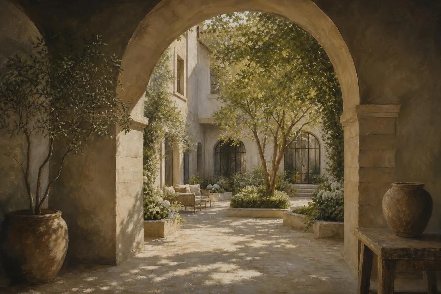Soft painterly rendering of a quiet architectural courtyard with diffused light and muted tones.
