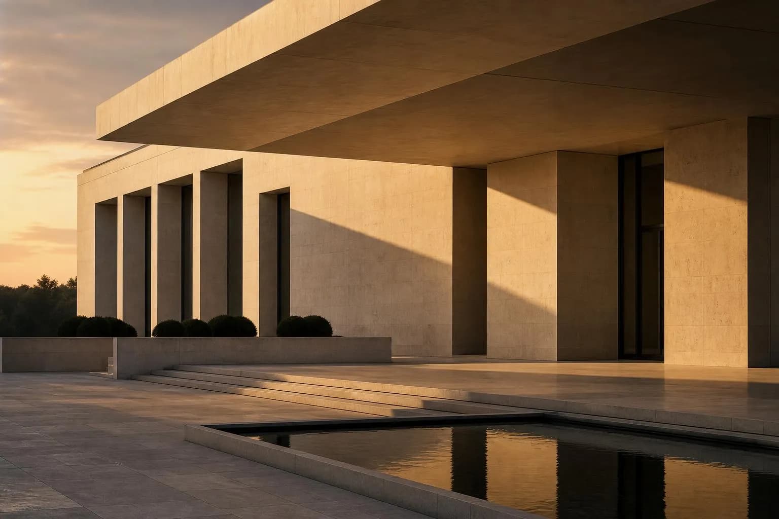 Modernist institutional building with clean geometric lines and dramatic shadows cast by afternoon light