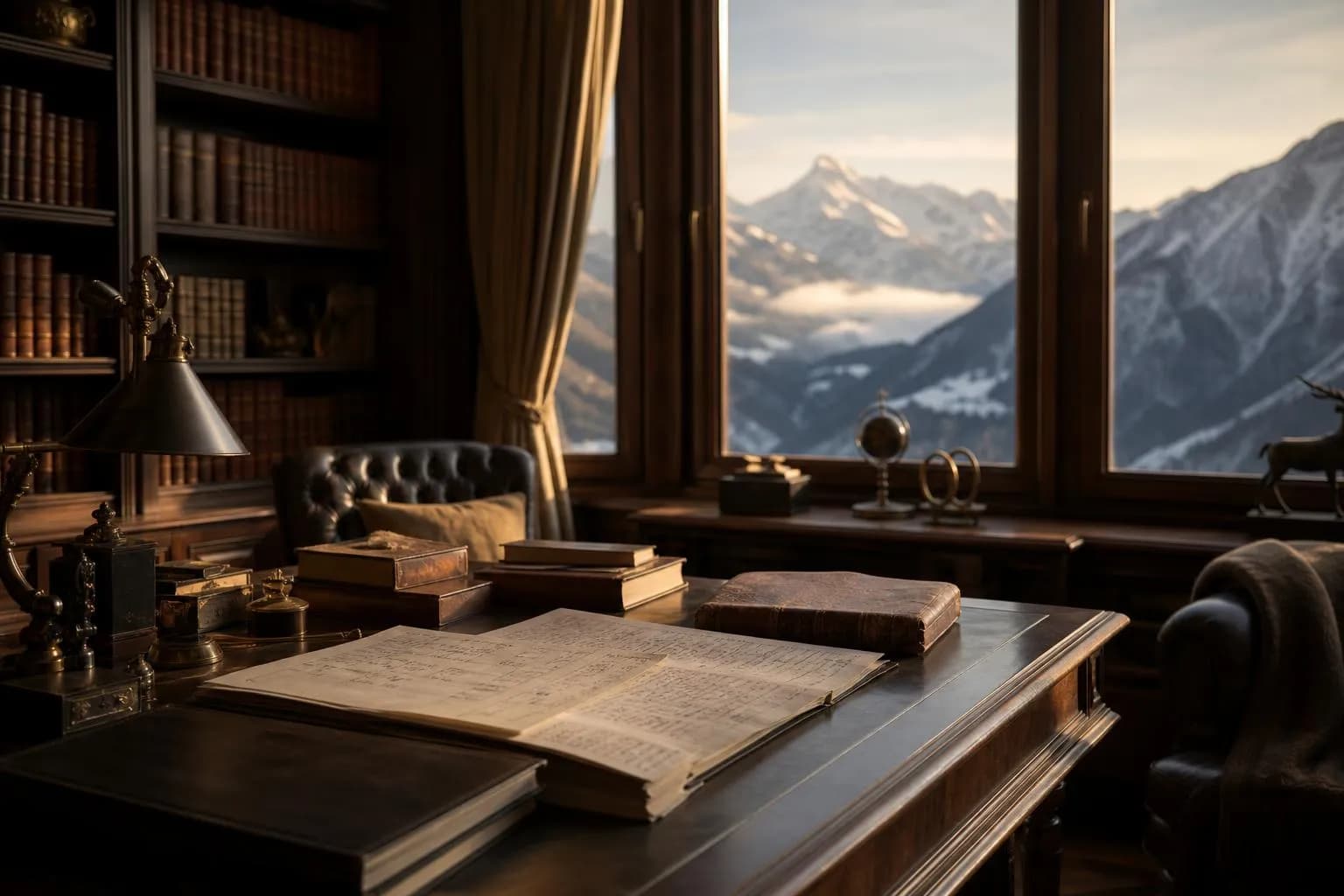 Early morning light in a mountain study with leather-bound books and papers on a desk, valley view beyond.