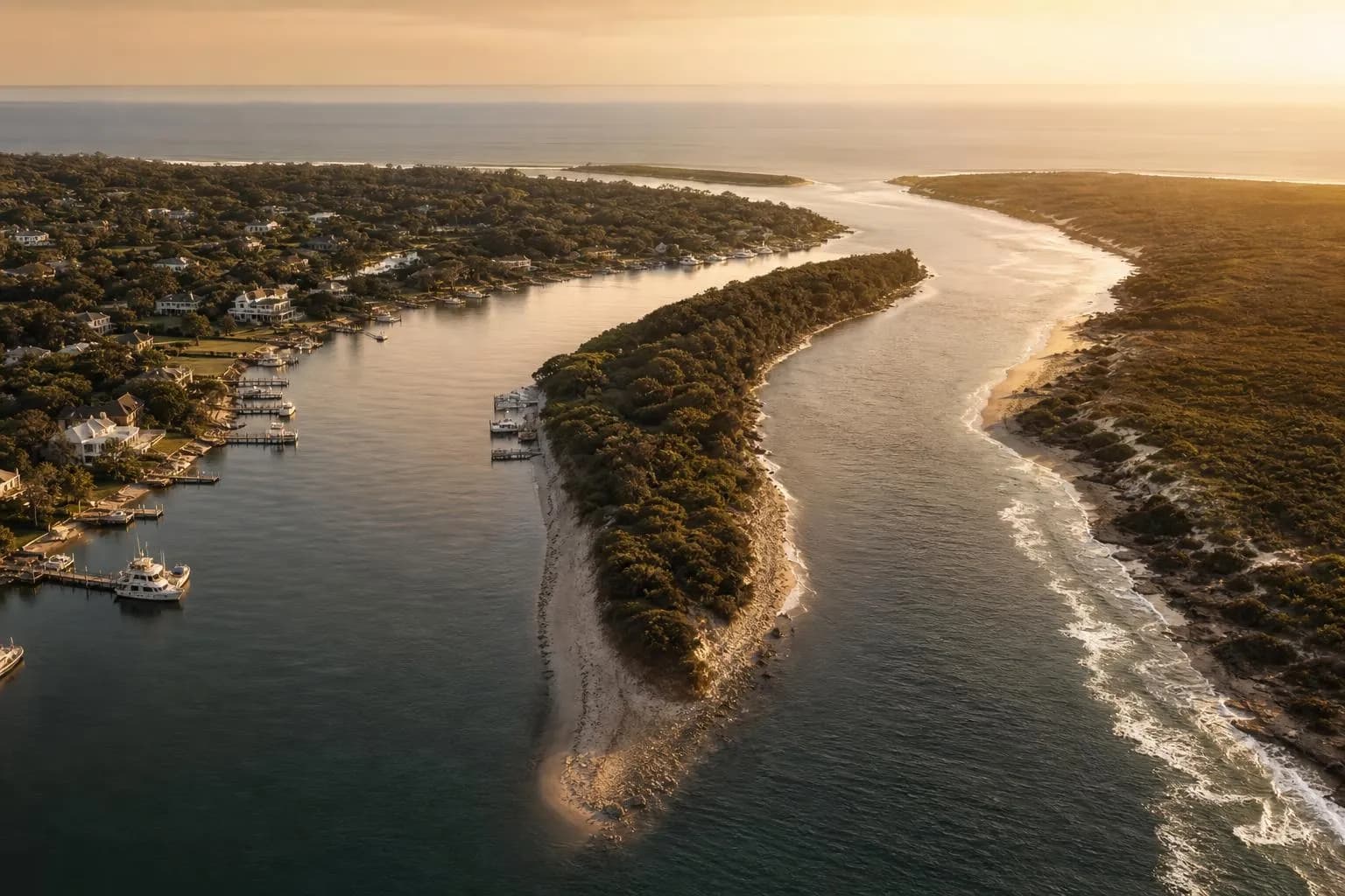 Aerial view of a coastline with two diverging waterways at golden hour, suggesting paths and choices