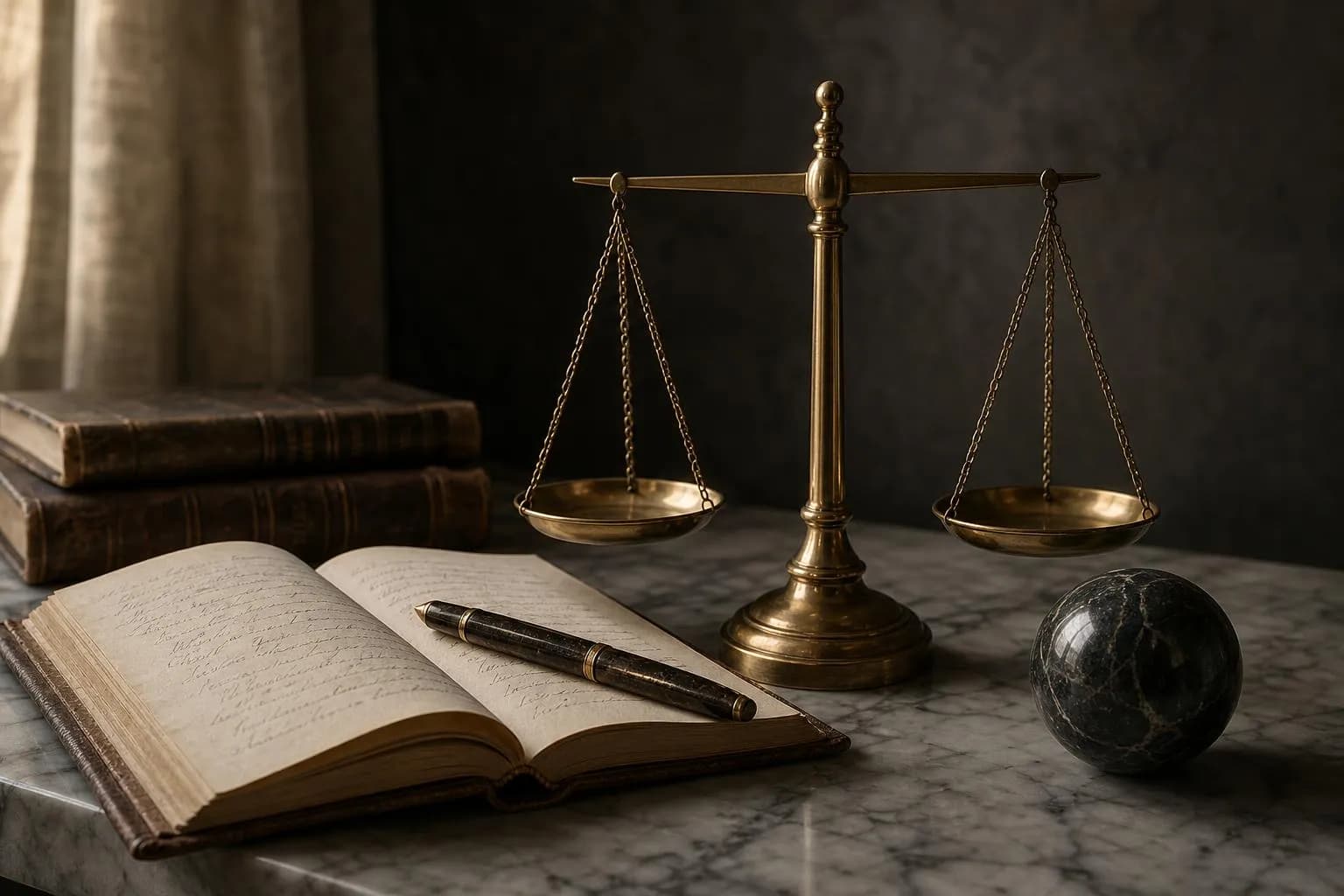 Still life: antique brass scale and leather ledger on marble, soft natural light