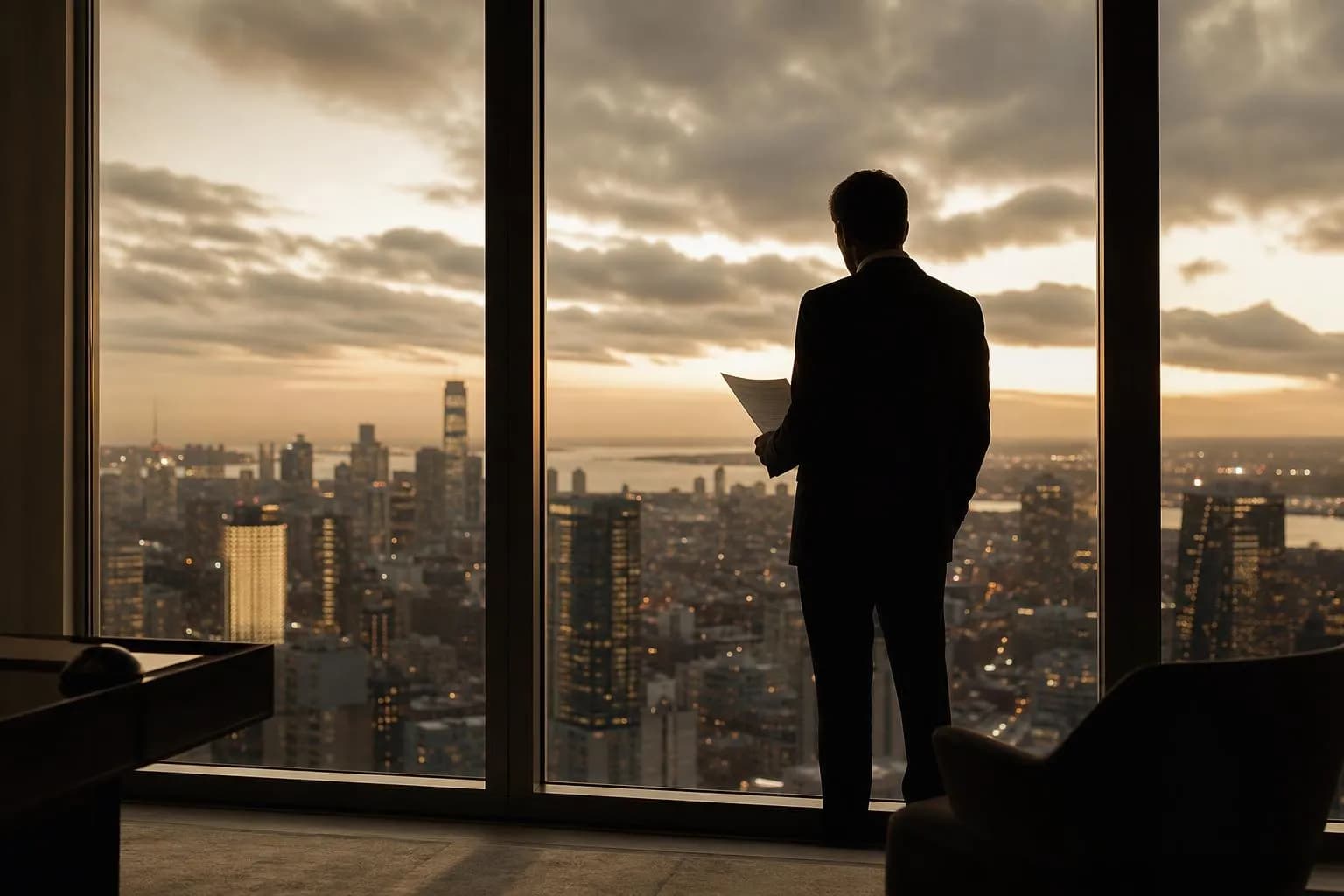 Solitary figure in business attire reviewing documents by a floor-to-ceiling window overlooking a city at dusk.