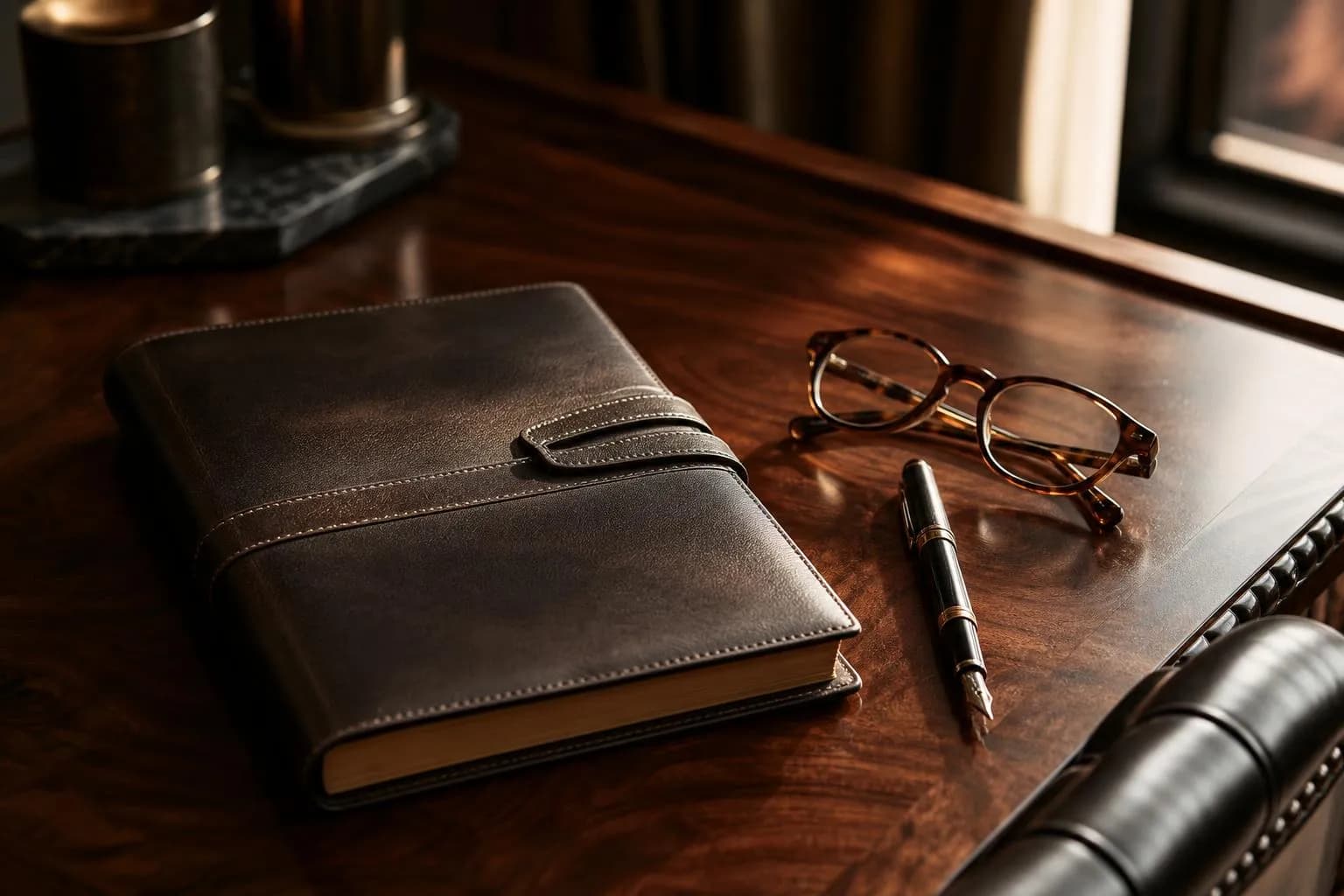 Leather journal, fountain pen, and glasses on walnut surface in soft natural light.