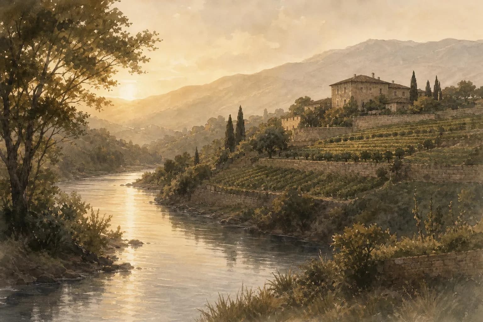 Soft impressionistic landscape with flowing water and layered terrain in muted tones at dusk