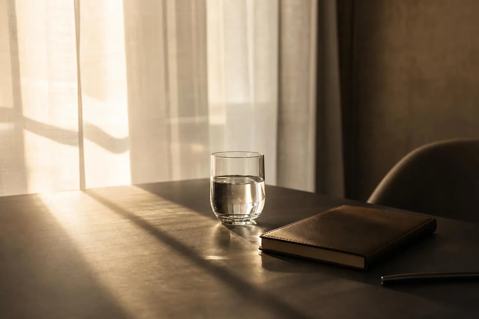 Sunlight through linen curtains creates soft geometric light patterns on a minimal desk surface