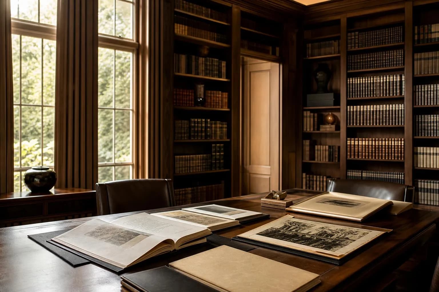 A serene private library with leather-bound books, warm light, and open documents on a wooden table.