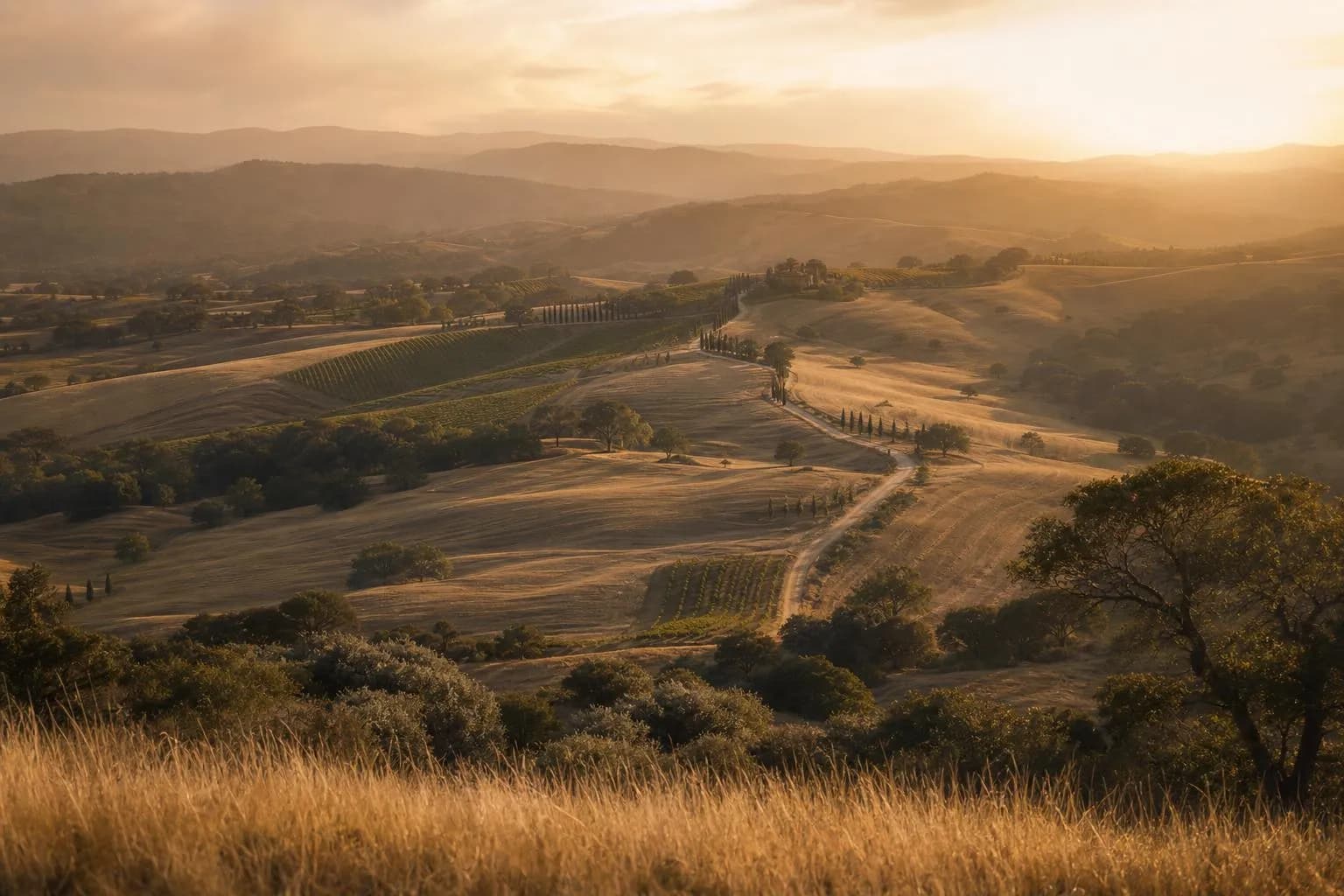 Rolling estate grounds at golden hour, warm light creating subtle patterns across the landscape
