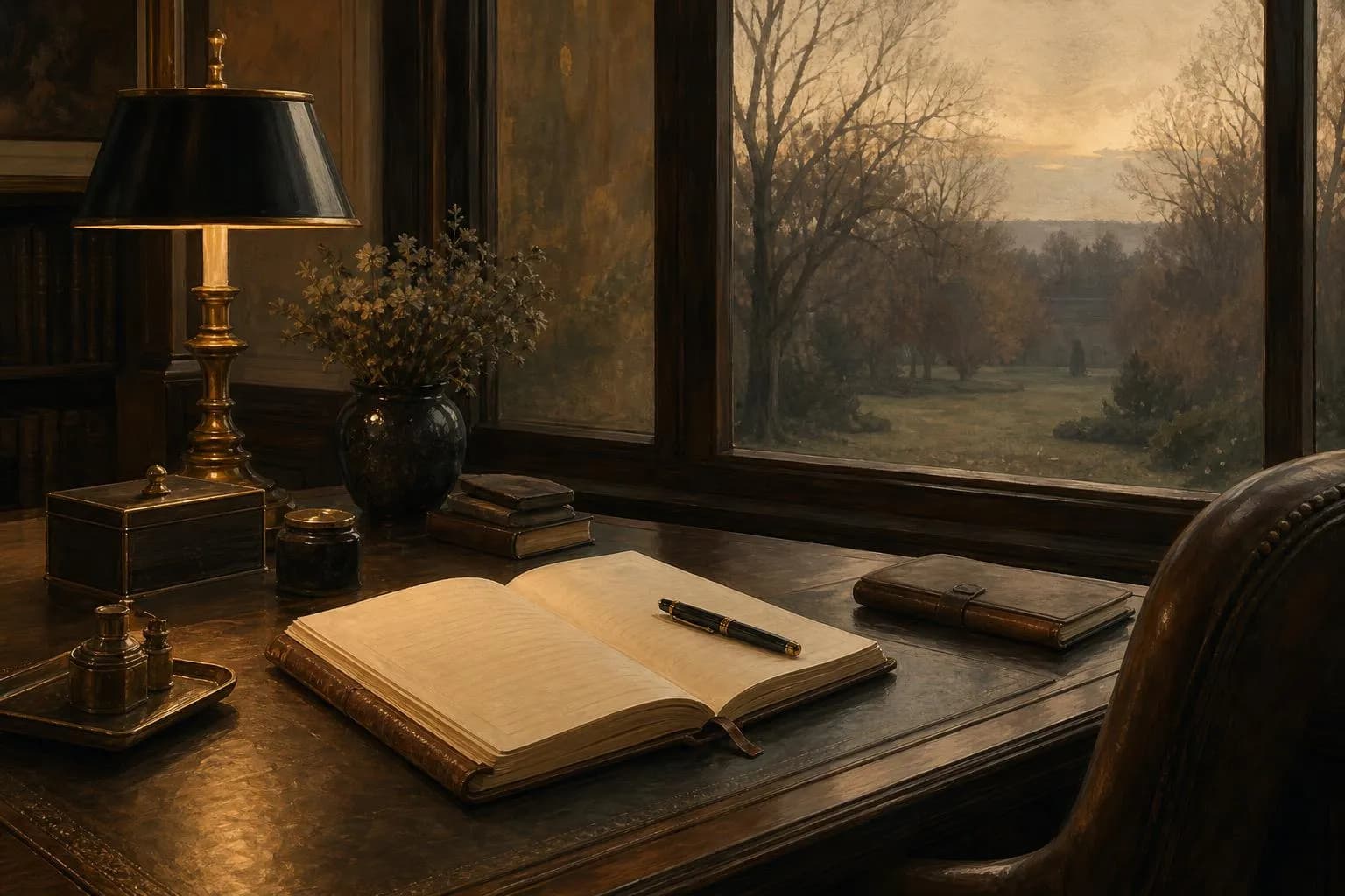 Open journal on wooden desk by window overlooking garden at dusk, painted in soft muted tones.