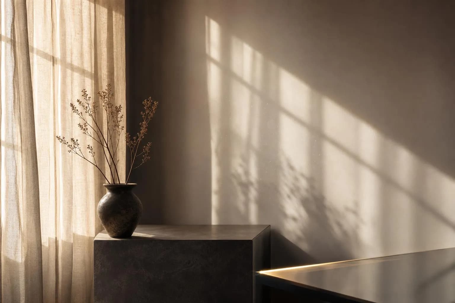 Soft afternoon light filtering through sheer curtains, casting geometric shadows on a plain wall.