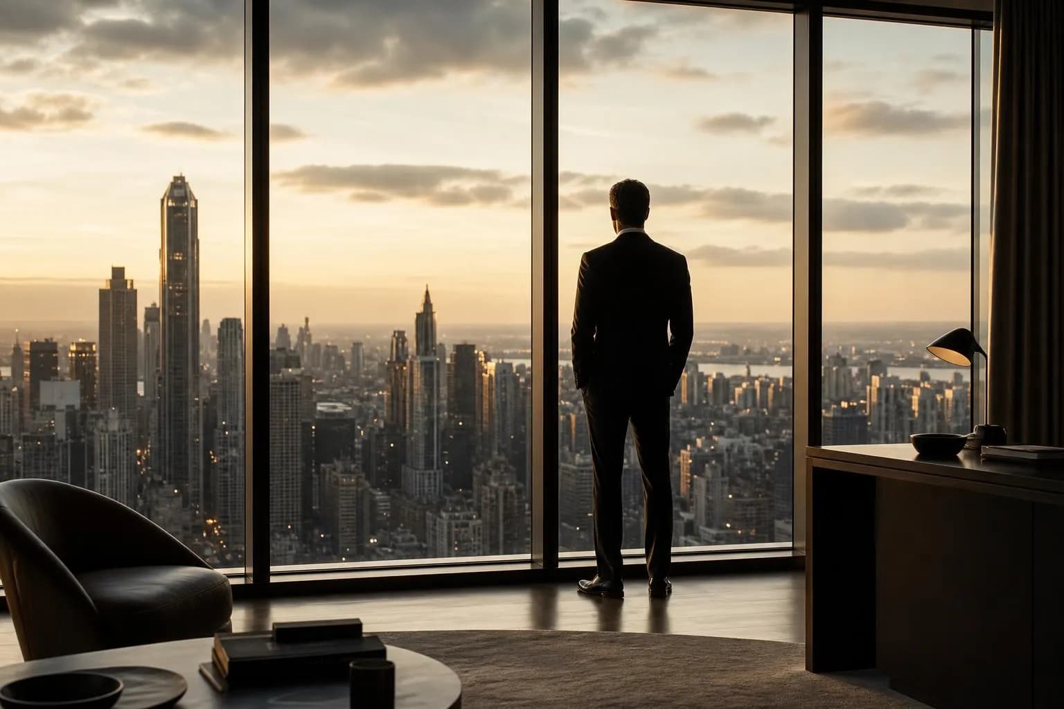 Silhouette of a figure at a window overlooking a city at dusk, hands at rest, contemplating.