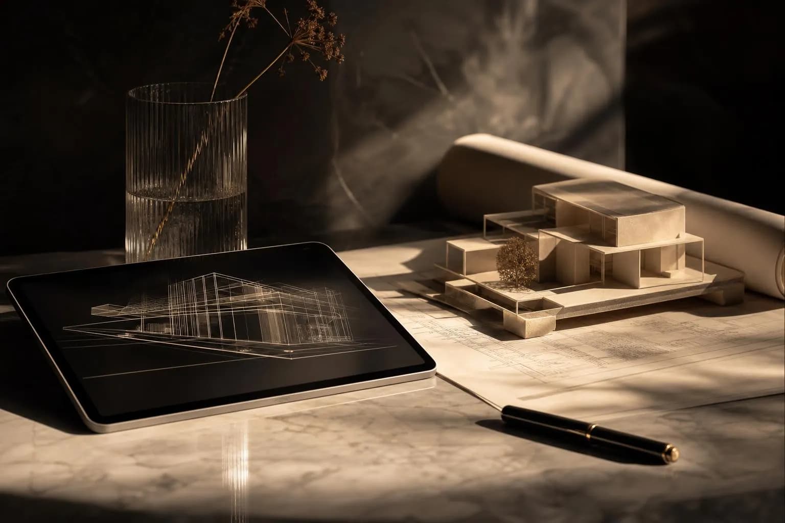 Still life with tablet, architectural model, and pen on marble, symbolizing PropTech over property
