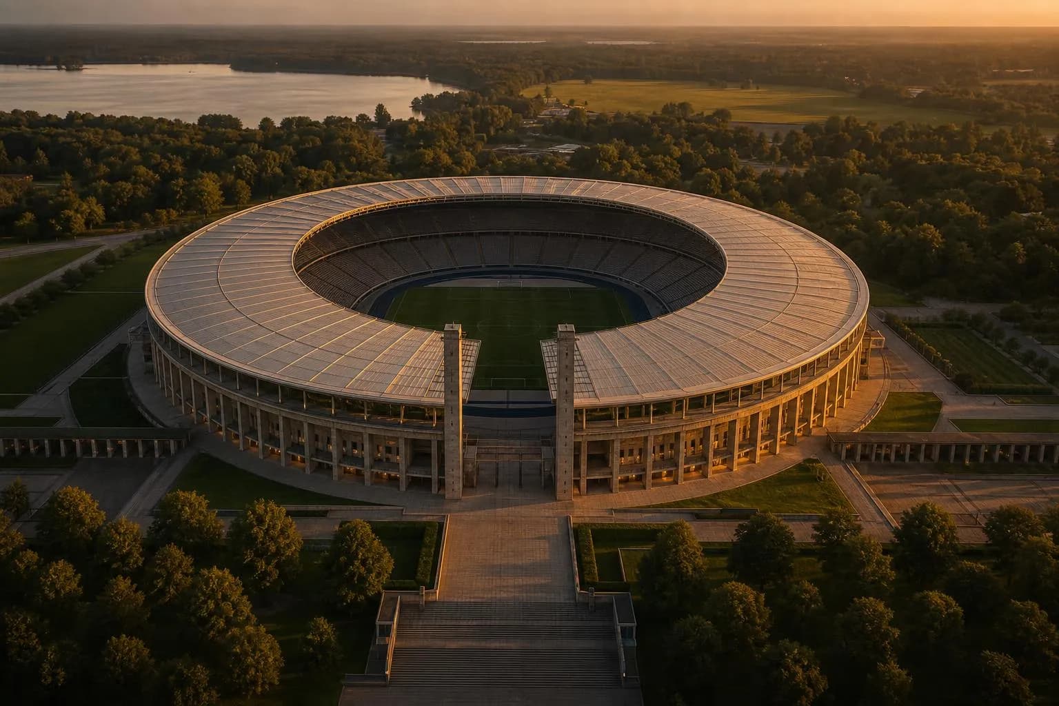 Aerial view of a premier sports venue at dusk, architectural detail and grounds visible from above