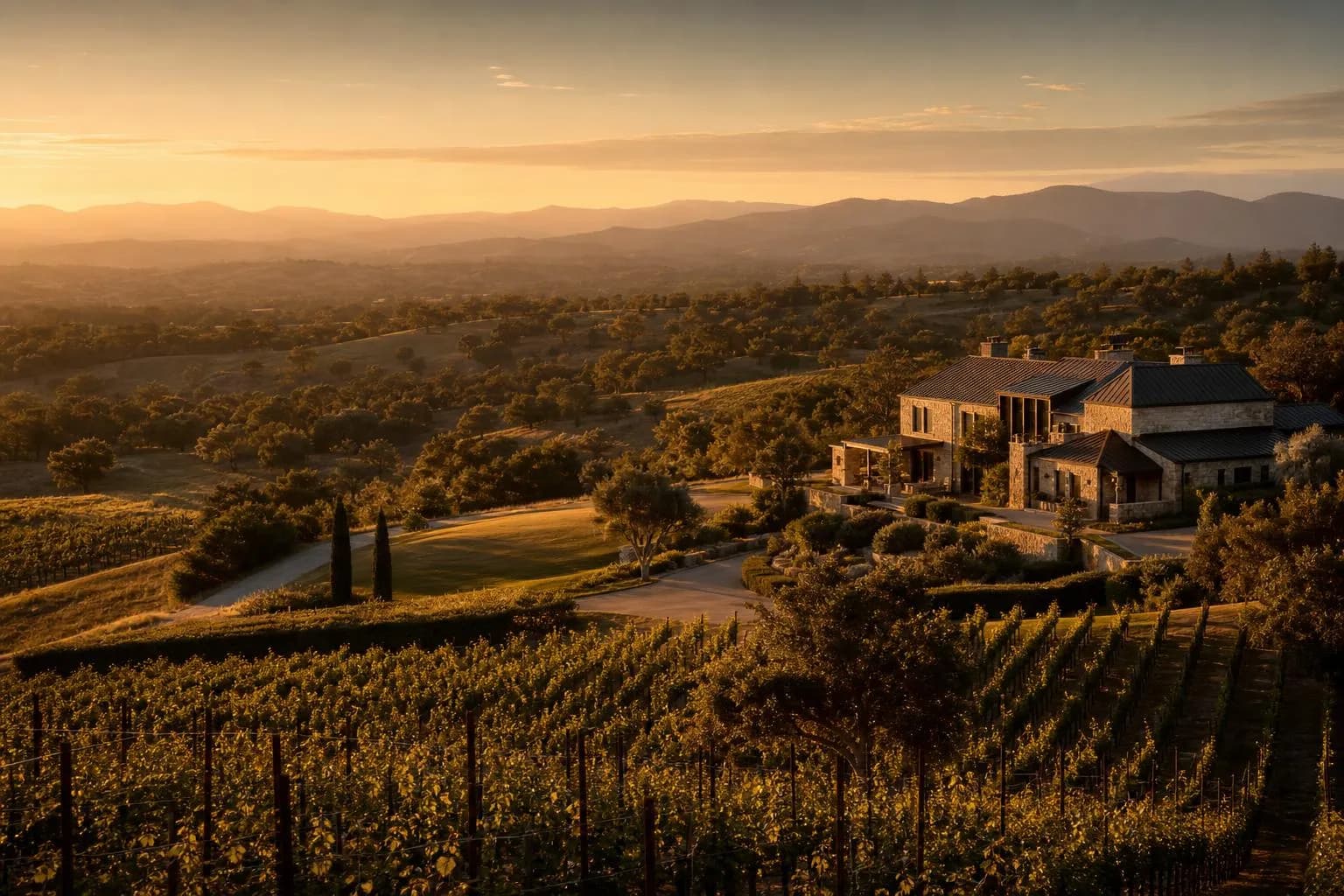 Golden-hour view across rolling private estate grounds with distant hills, warm light casting long shadows
