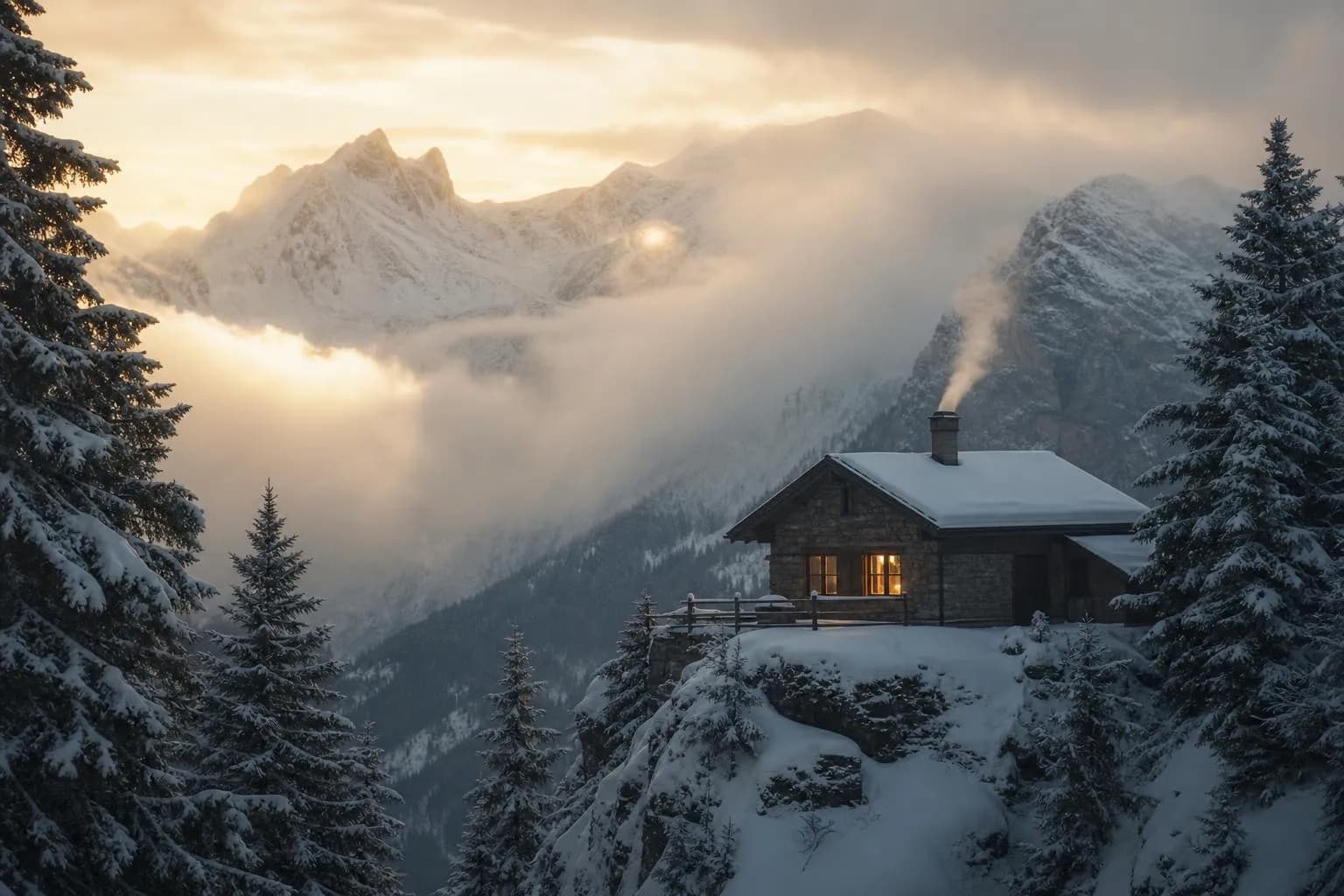 Misty Alpine lodge at dawn, smoke rising from chimney, snow-covered pines, warm interior light.