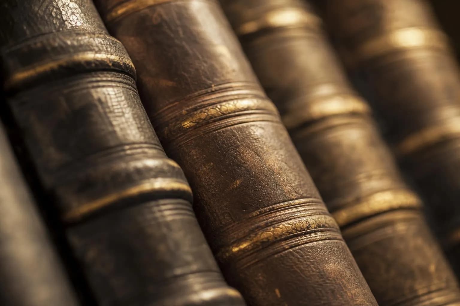 Close-up of aged leather book spines with embossed details and natural patina from decades of use.