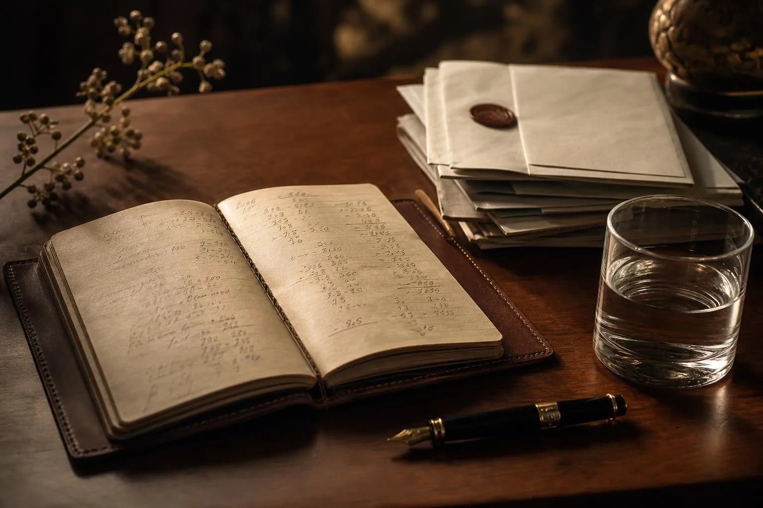 Still life of ledger, pen, water glass, and documents on wood, warm soft light, suggesting financial complexity.
