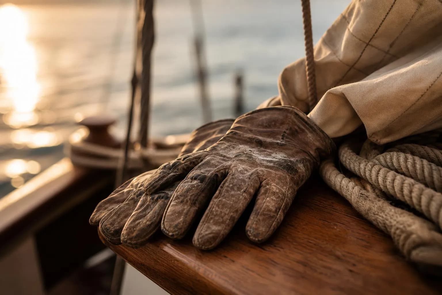 Worn leather sailing gloves on a wooden yacht rail, golden hour light
