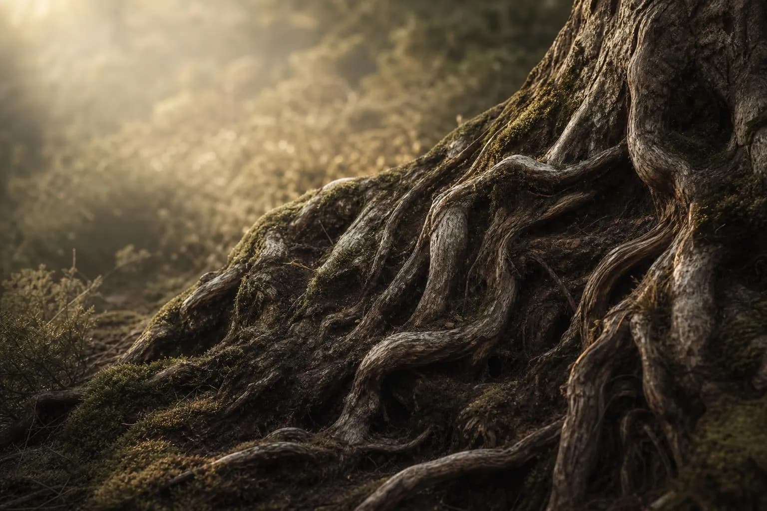 Close-up of an ancient tree's exposed roots and base with morning light and moss, symbolizing growth and foundational legacy.