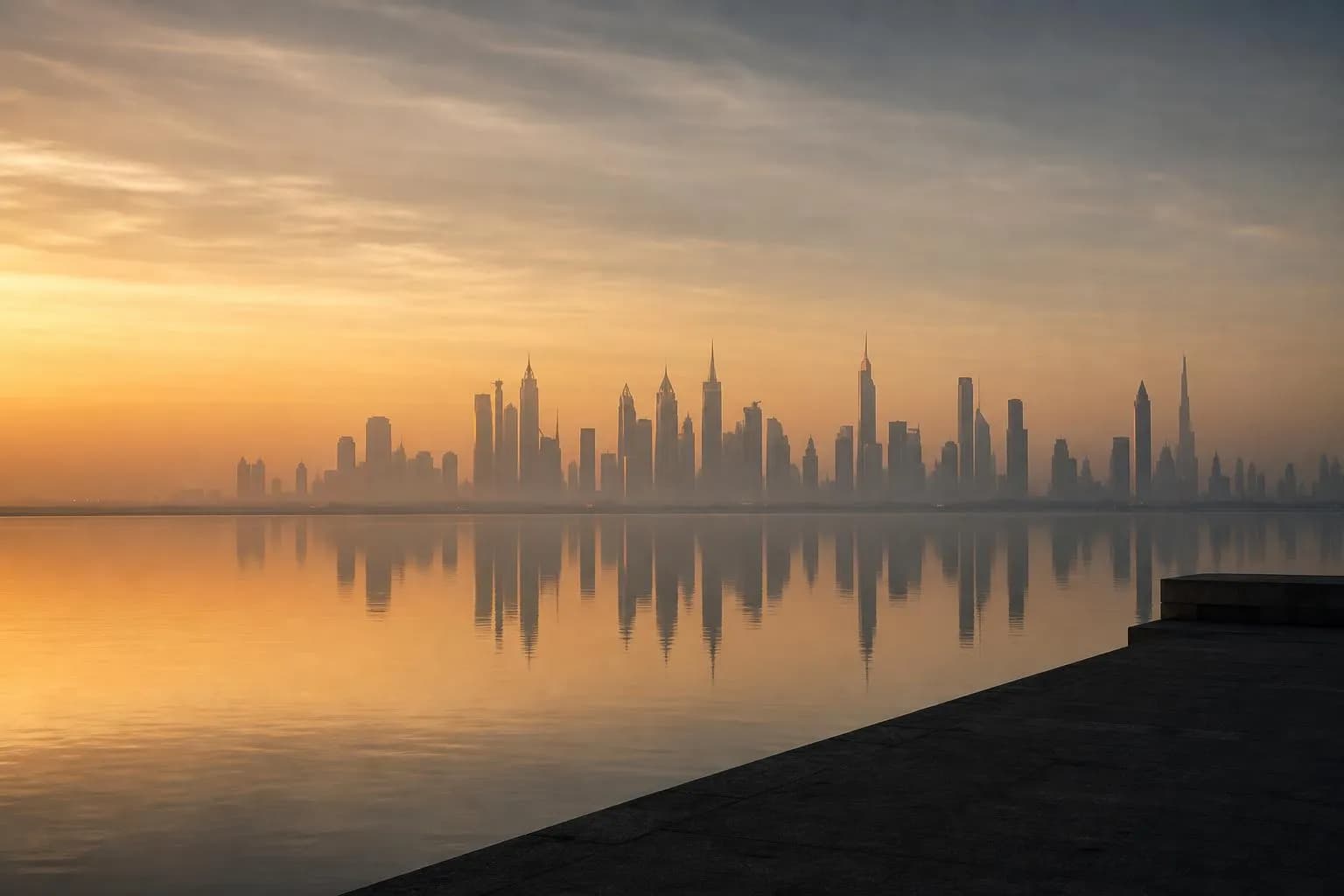 Distant city skyline reflected in still water at dusk, viewed from a quiet shoreline.