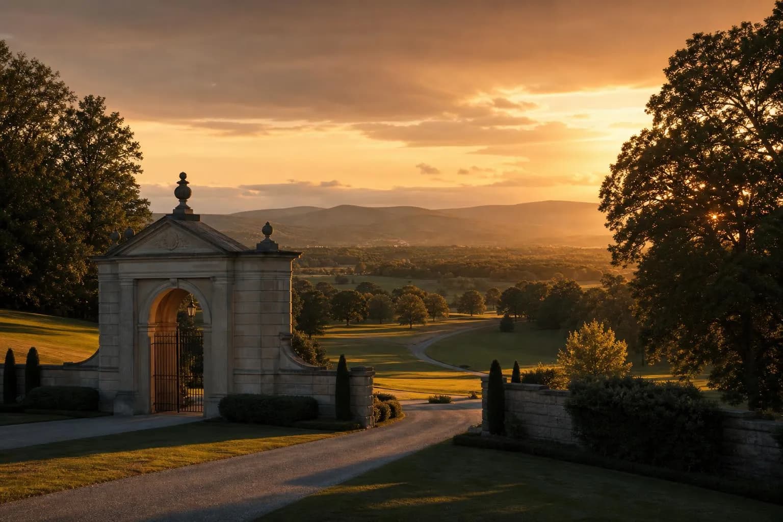 Golden-hour view of a private estate's rolling grounds and classical stone gatehouse at dusk