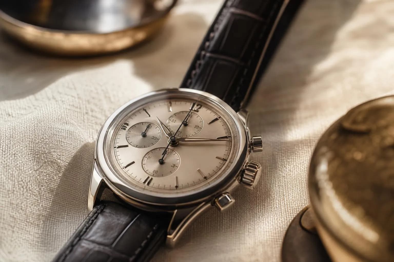 Close-up of a fine timepiece on cream linen in soft natural light