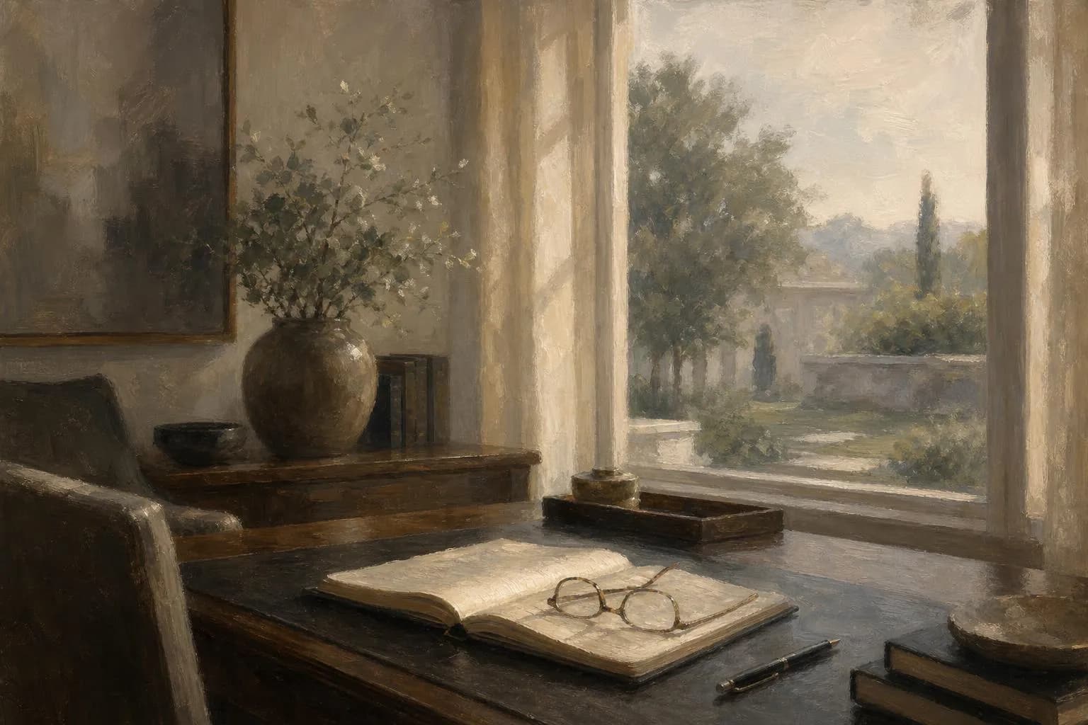 Quiet study interior with notebook and garden view, rendered in soft impressionistic style