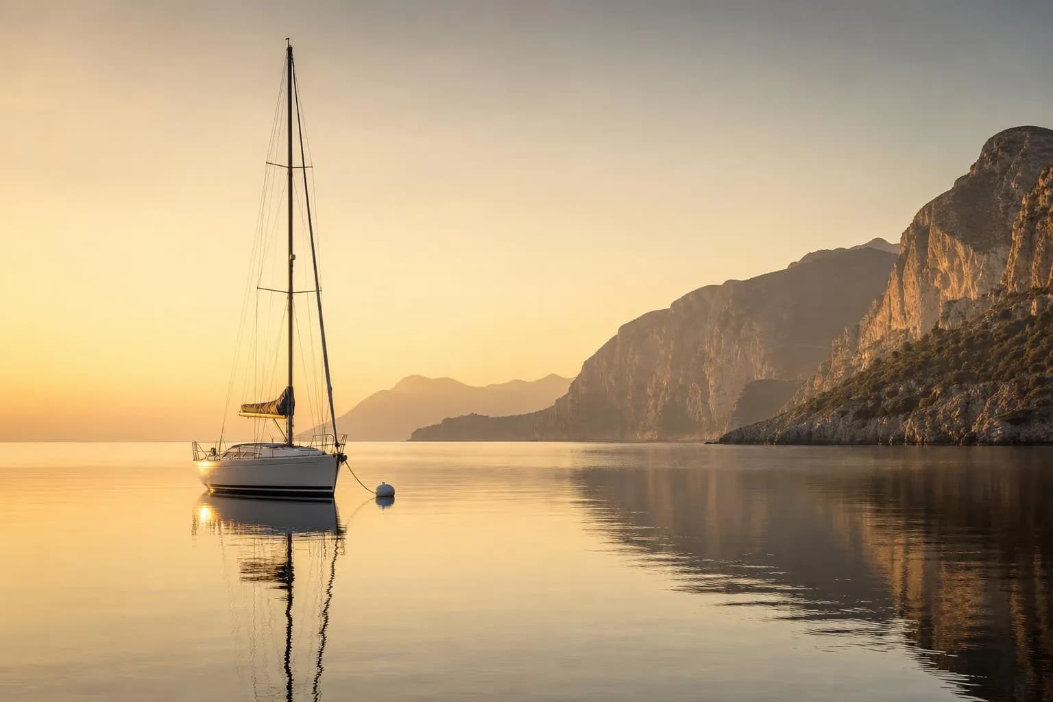 Solitary sailboat anchored in still coastal waters at dawn, distant cliffs beneath pale sky