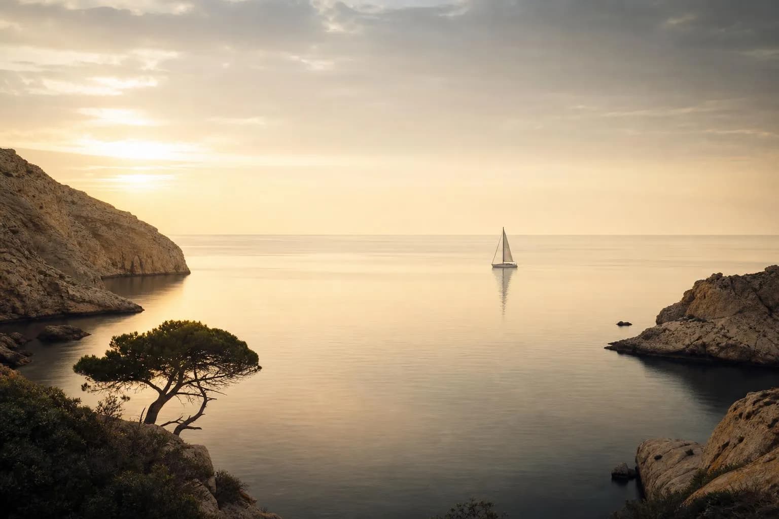 Still coastal inlet at dawn with a lone sailboat on glassy water, framed by low cliffs.
