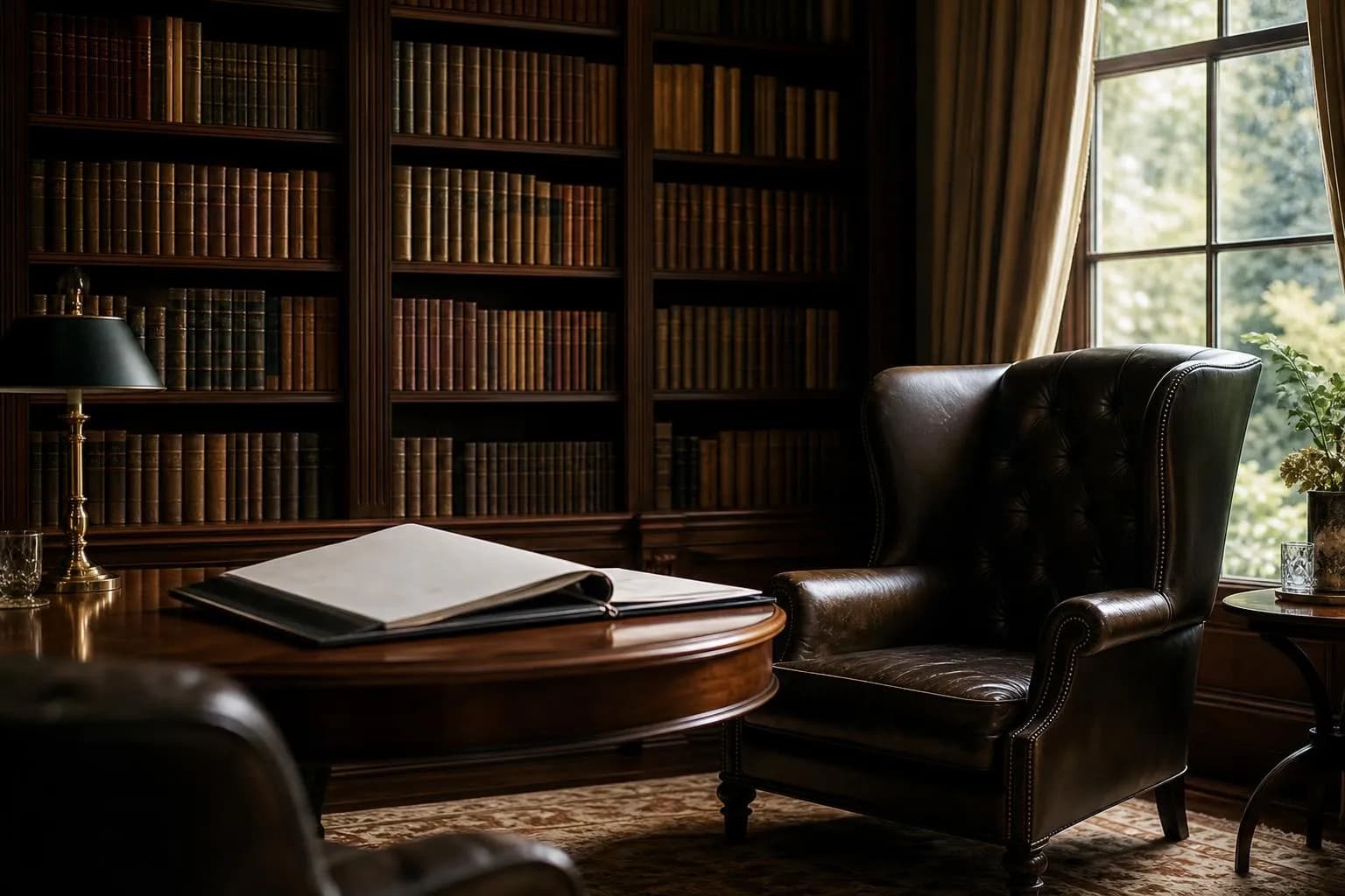 Sunlit private library with leather chair and open ledger on polished wood table.