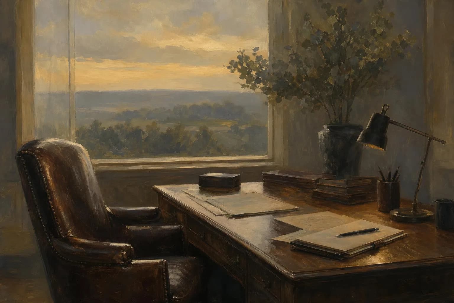 Softly painted workspace at dusk, abstracted landscape beyond window, quiet luxury study
