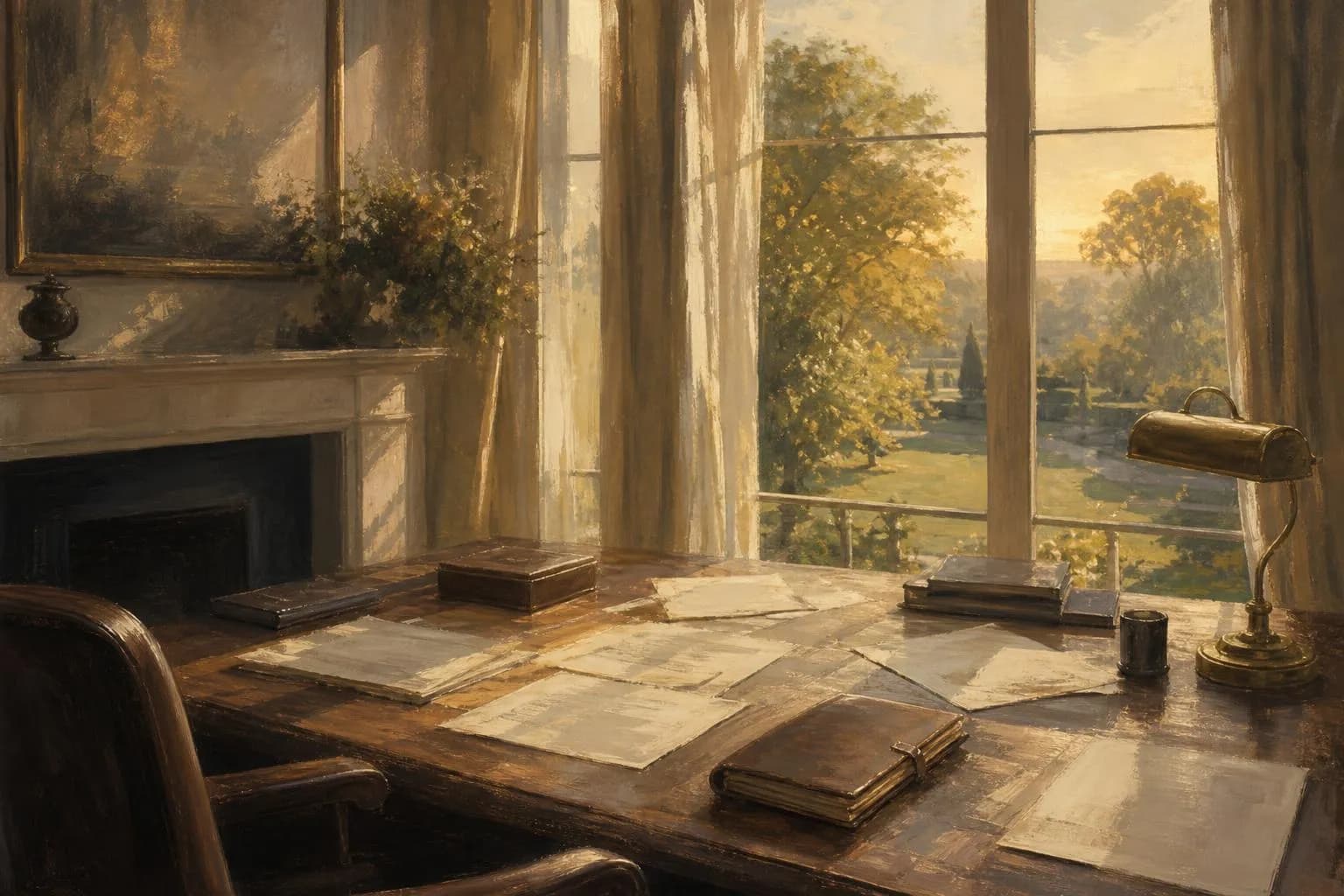 Impressionistic study with papers and notebook by a window overlooking a garden at golden hour.