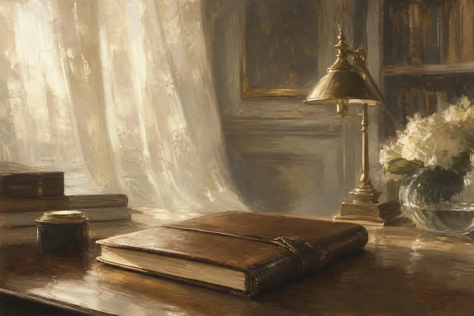 Soft-lit study corner with weathered documents and morning light, impressionistic rendering in warm muted tones