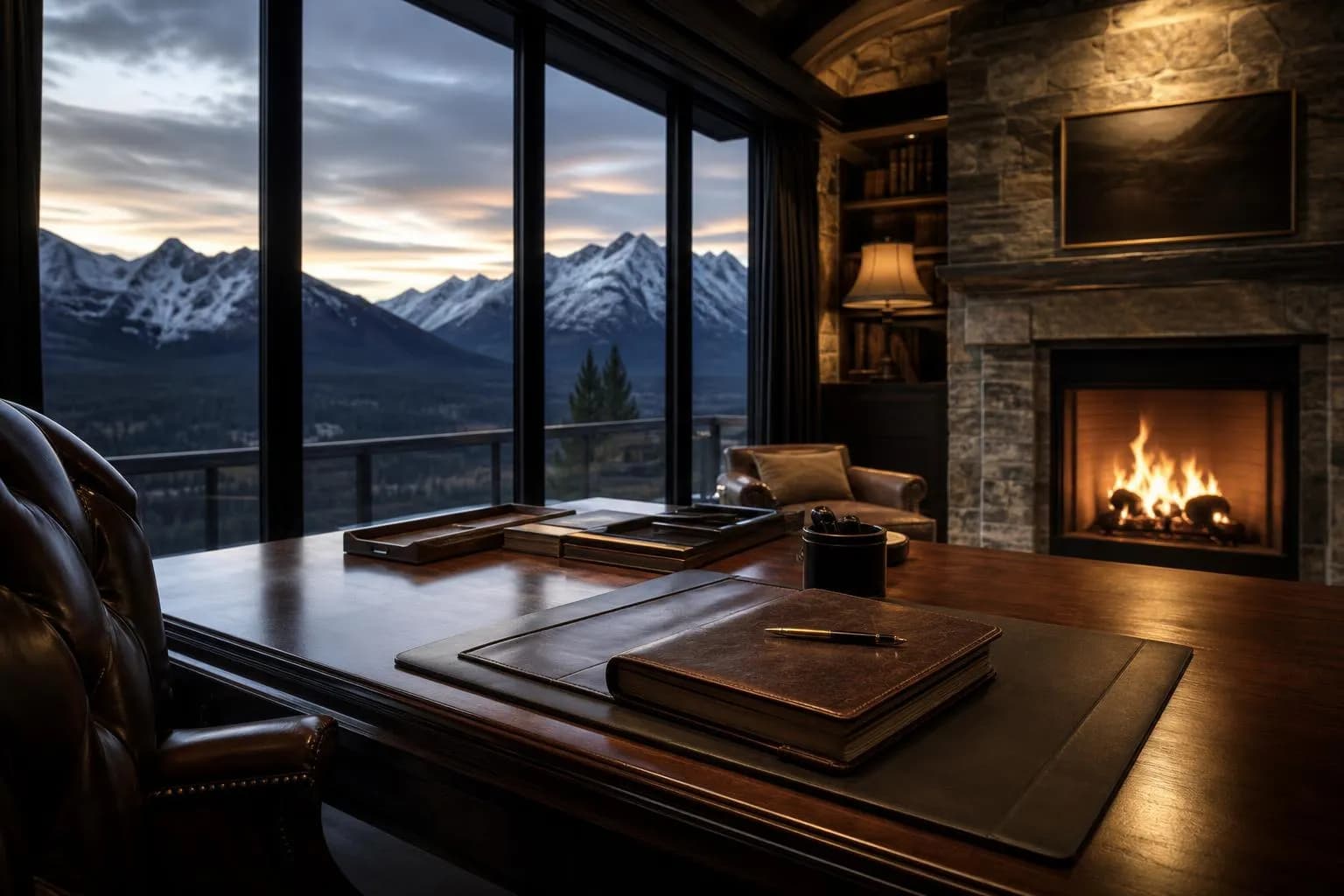 Alpine lodge study at dusk with firelight and mountain views, evoking thoughtful financial deliberation.